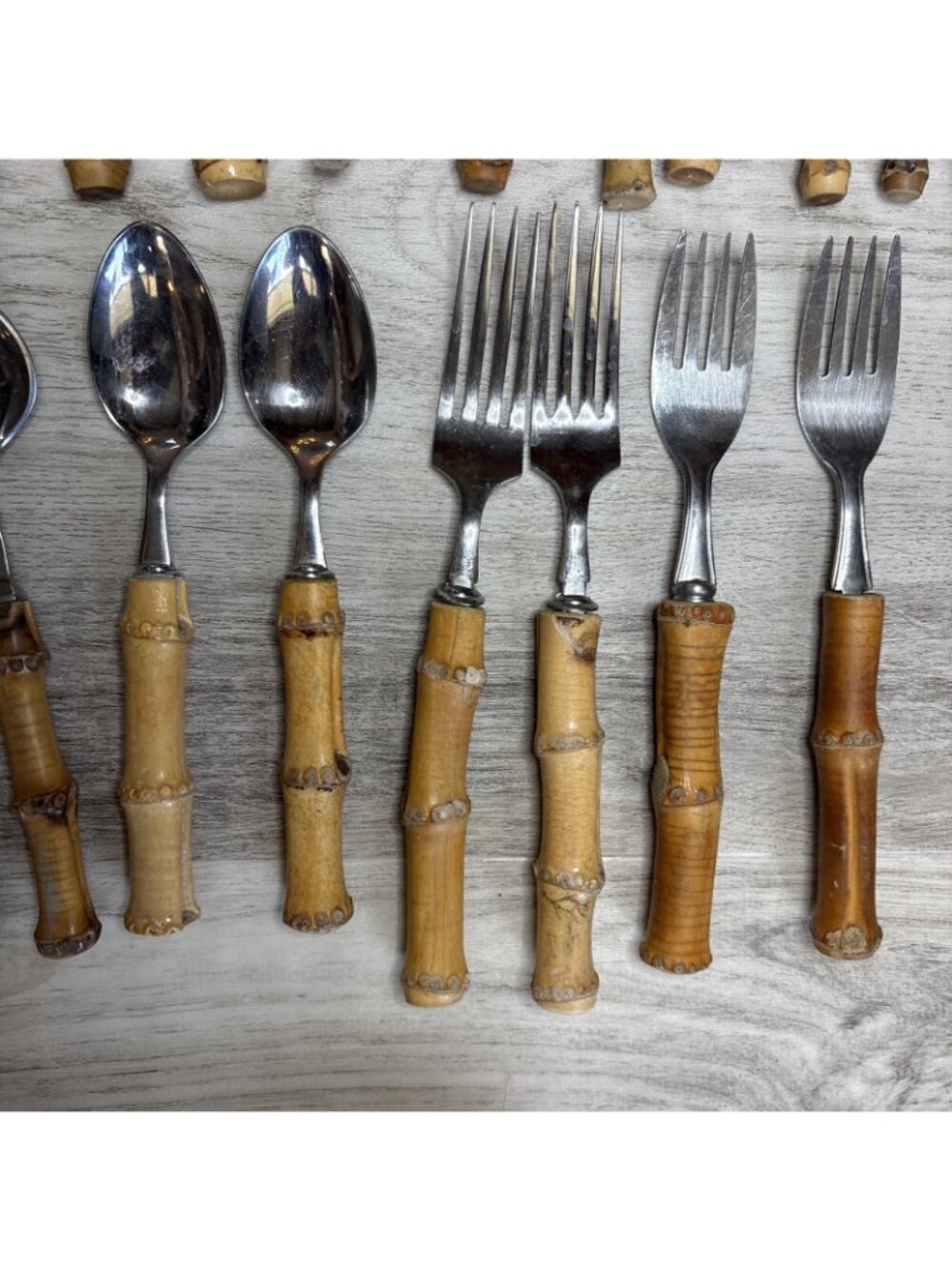 Vtg 29pc Bamboo Handle Flatware Silverware and Serving Pieces Stainless Japan - Picture 7 of 14
